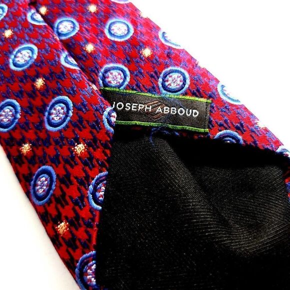 Joseph Abboud Red Herringbone Floral Geometric Blue Woven Short Skinny Silk Tie - Picture 3 of 7